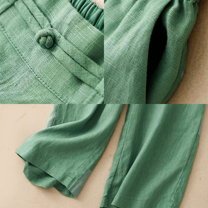 Damskie spodnie z szerokimi nogawkami i kieszeniami, bawełniane, z elastycznym pasem w jednolitym kolorze i guzikami w kształcie żaby, z Buddha Stones - image 2