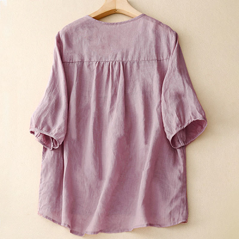 Koszula damska z krótkim rękawem i okrągłym dekoltem w serek Buddha Stones Casual Plain Loose Cotton - image 2