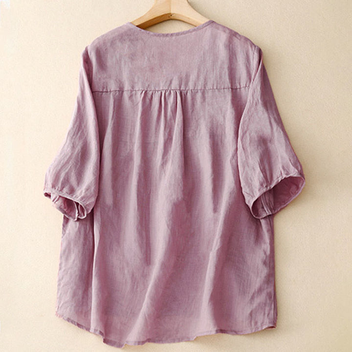 Koszula damska z krótkim rękawem i okrągłym dekoltem w serek Buddha Stones Casual Plain Loose Cotton - image 2