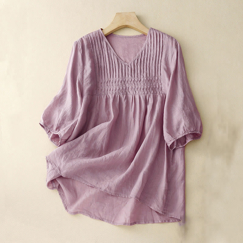 Koszula damska z krótkim rękawem i okrągłym dekoltem w serek Buddha Stones Casual Plain Loose Cotton - Oset - US12, UK/AU16, EU44 (2XL) - image 1