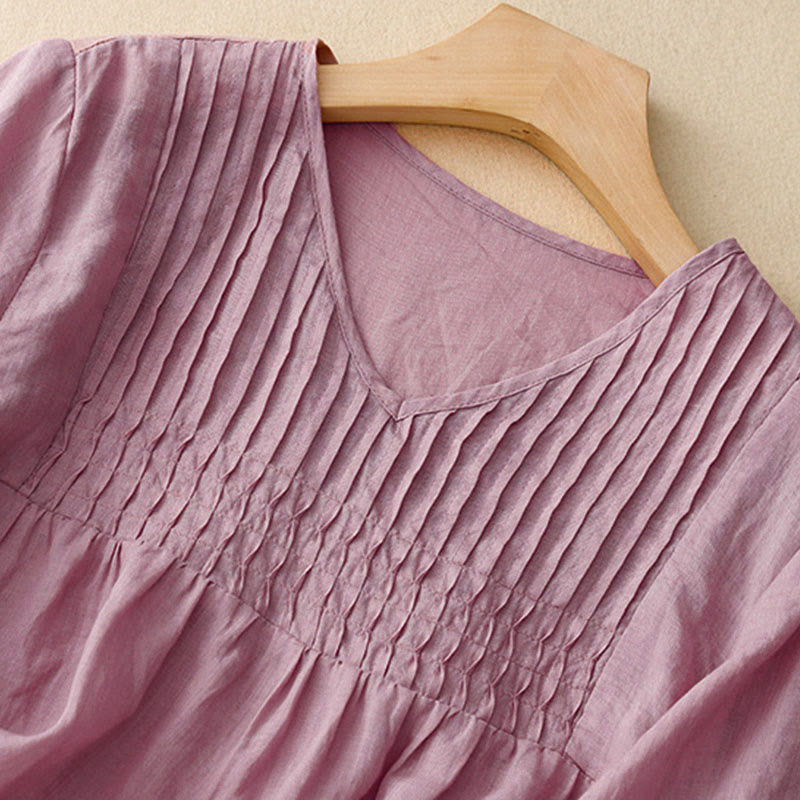 Koszula damska z krótkim rękawem i okrągłym dekoltem w serek Buddha Stones Casual Plain Loose Cotton - image 10