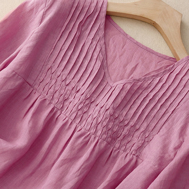 Koszula damska z krótkim rękawem i okrągłym dekoltem w serek Buddha Stones Casual Plain Loose Cotton - image 19