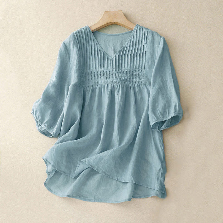 Koszula damska z krótkim rękawem i okrągłym dekoltem w serek Buddha Stones Casual Plain Loose Cotton - PaleTurquoise - US12, UK/AU16, EU44 (2XL) - image 25