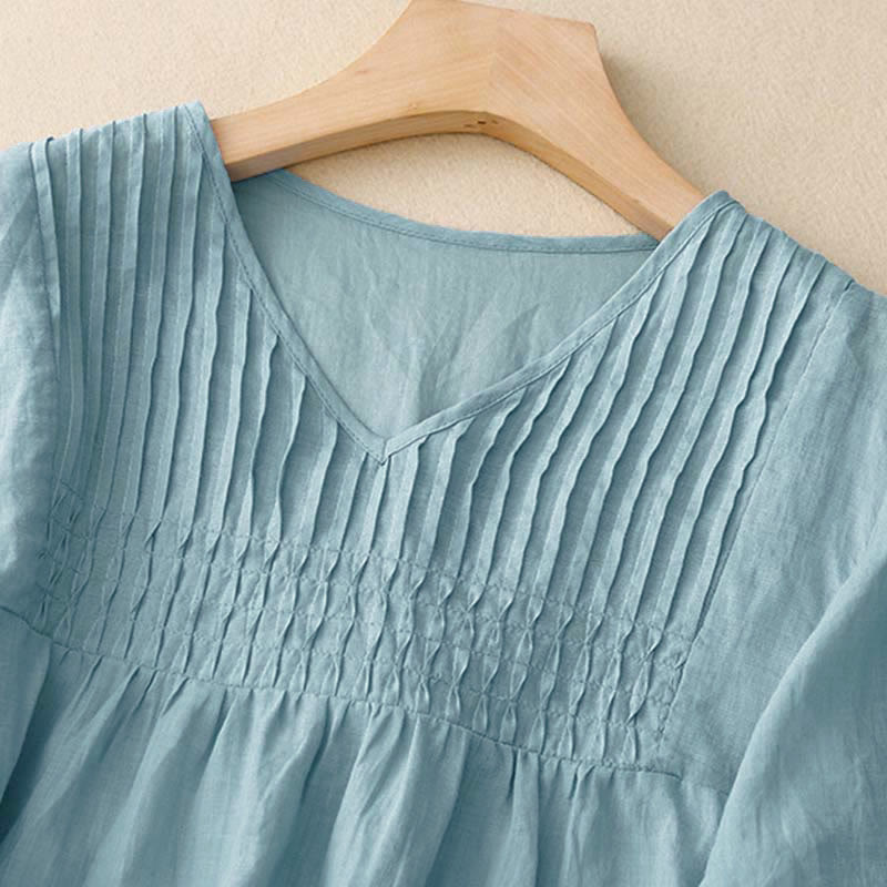 Koszula damska z krótkim rękawem i okrągłym dekoltem w serek Buddha Stones Casual Plain Loose Cotton - image 27