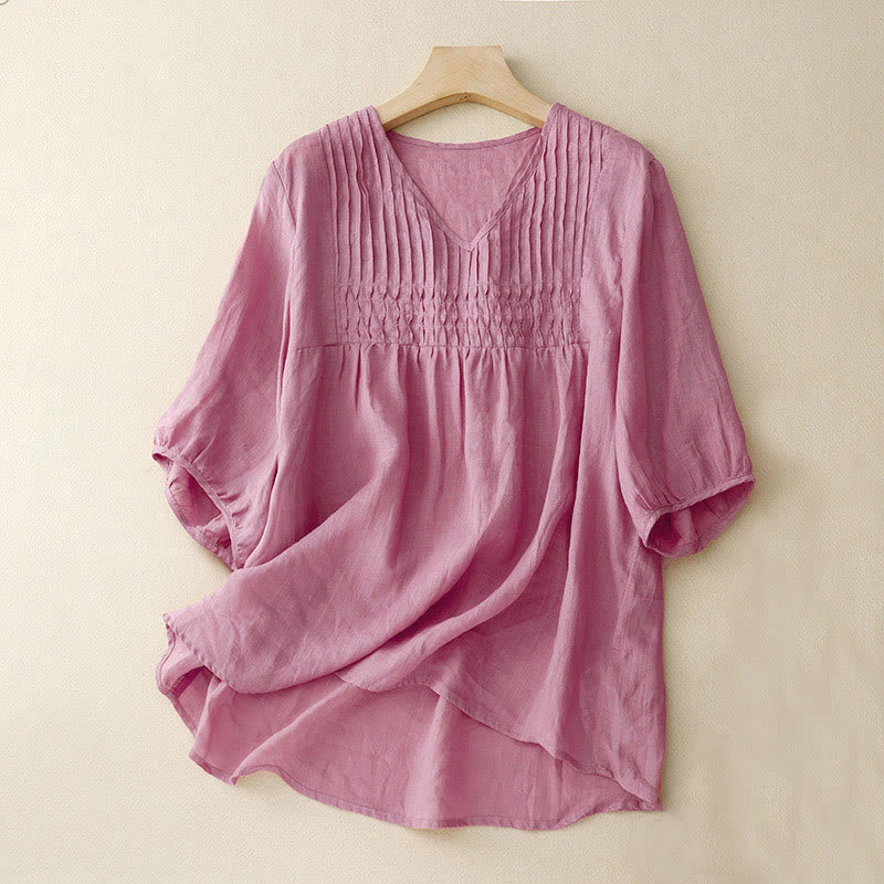 Koszula damska z krótkim rękawem i okrągłym dekoltem w serek Buddha Stones Casual Plain Loose Cotton - Bladofioletowoczerwony - US12, UK/AU16, EU44 (2XL) - image 18