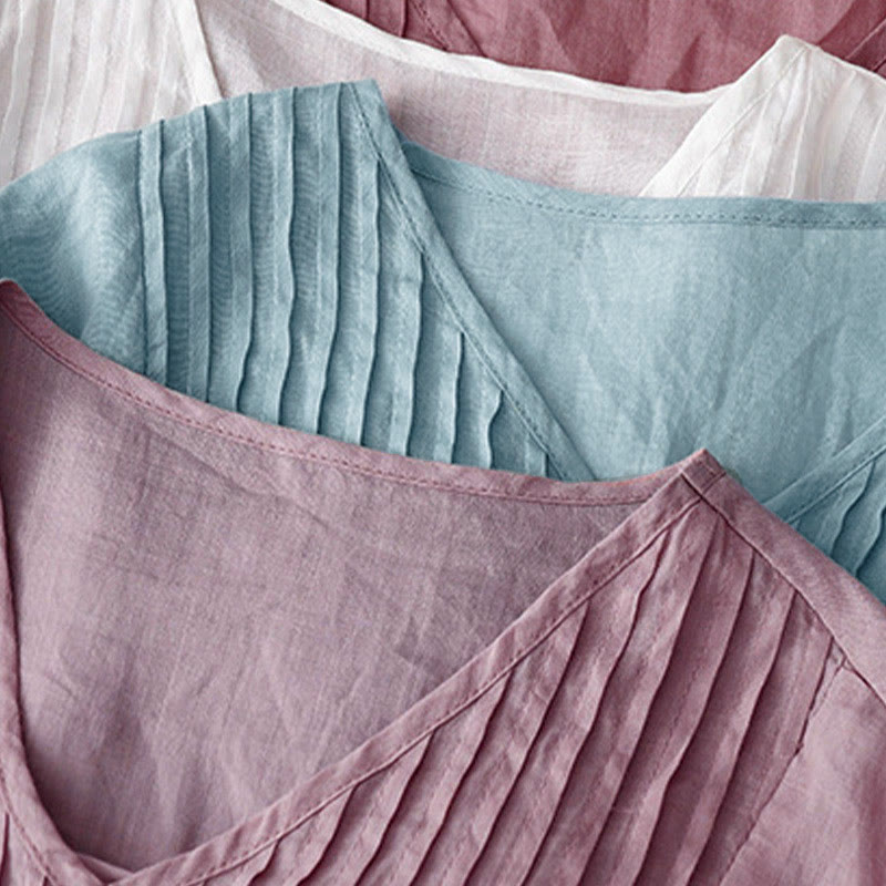 Koszula damska z krótkim rękawem i okrągłym dekoltem w serek Buddha Stones Casual Plain Loose Cotton - image 31