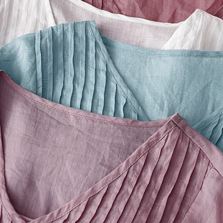 Koszula damska z krótkim rękawem i okrągłym dekoltem w serek Buddha Stones Casual Plain Loose Cotton - image 31