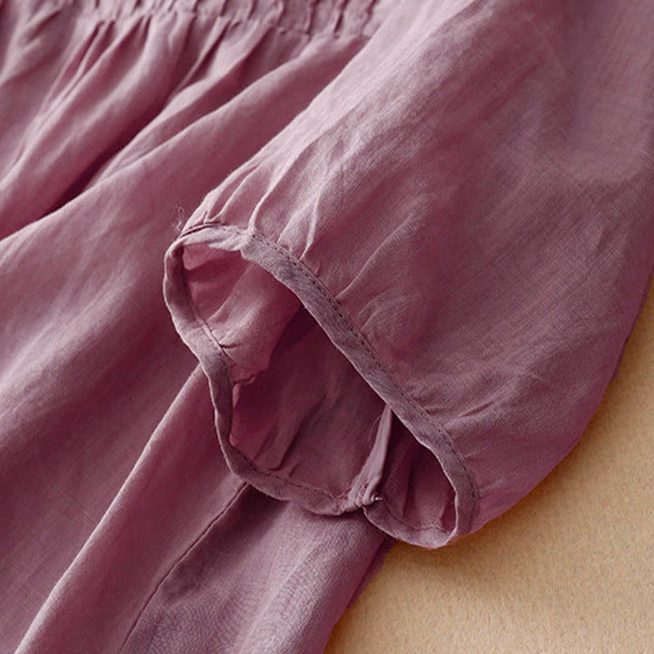 Koszula damska z krótkim rękawem i okrągłym dekoltem w serek Buddha Stones Casual Plain Loose Cotton - image 6