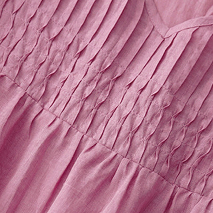 Koszula damska z krótkim rękawem i okrągłym dekoltem w serek Buddha Stones Casual Plain Loose Cotton - image 21