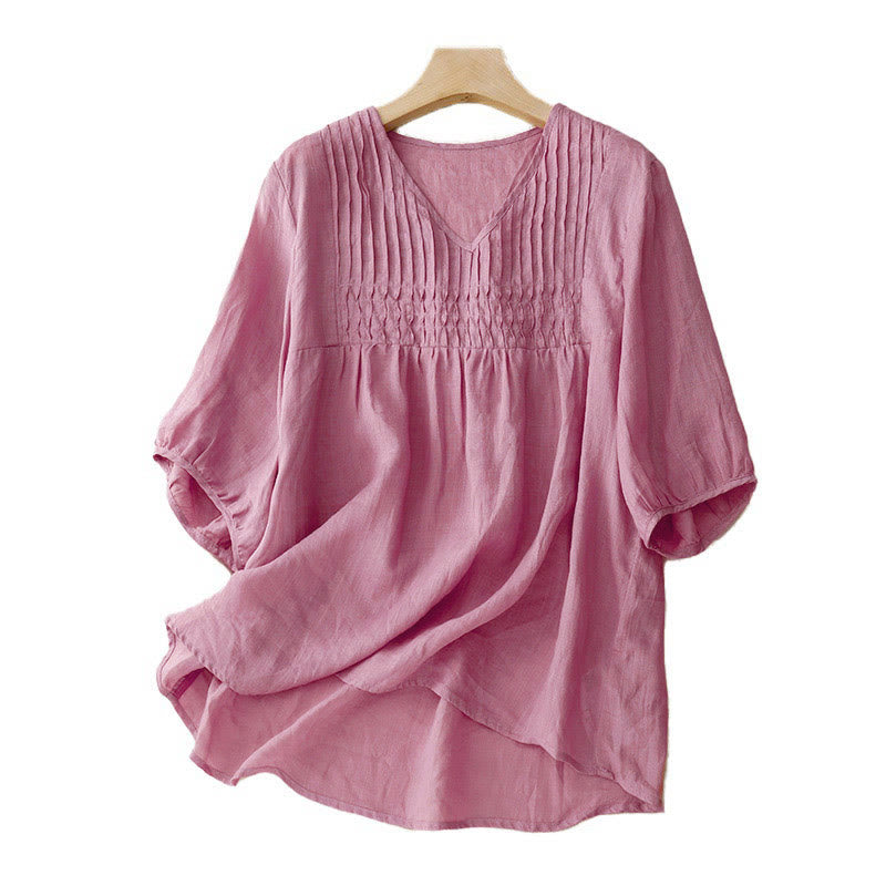 Koszula damska z krótkim rękawem i okrągłym dekoltem w serek Buddha Stones Casual Plain Loose Cotton - image 20