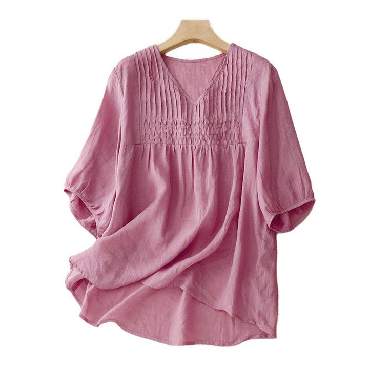 Koszula damska z krótkim rękawem i okrągłym dekoltem w serek Buddha Stones Casual Plain Loose Cotton - image 20