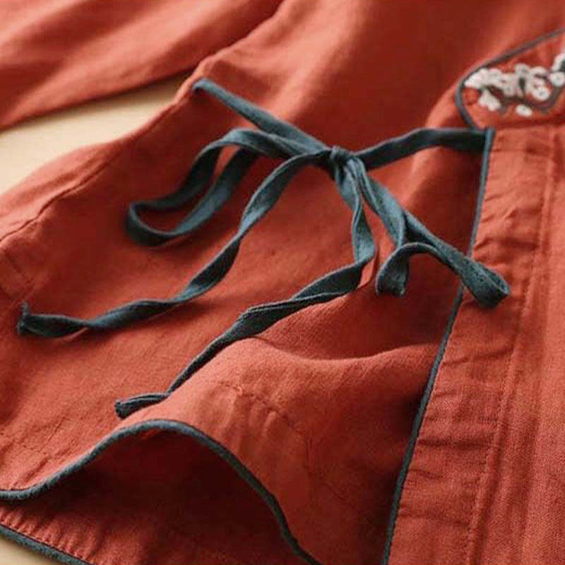 Koszula Buddha Stones z długim rękawem i haftowanymi kwiatami w stylu casual z kołnierzykiem ukośnym i paskiem w kształcie litery U - image 1