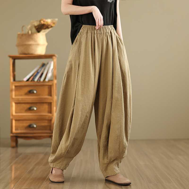 Spodnie harem damskie z bawełny i lnu z kieszeniami, wiosenne i casualowe, z prostym wzorem i Buddha Stones - Blada nawłoć - US8-10，UK/AU12-14，EU40-42 (2XL) - image 10
