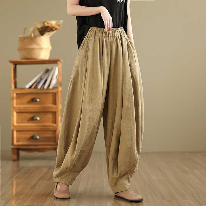 Spodnie harem damskie z bawełny i lnu z kieszeniami, wiosenne i casualowe, z prostym wzorem i Buddha Stones - Blada nawłoć - US8-10，UK/AU12-14，EU40-42 (2XL) - image 10