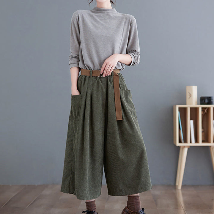 Damskie spodnie sztruksowe z szerokimi nogawkami i kieszeniami w stylu retro Buddha Stones o długości 7-8 - image 13