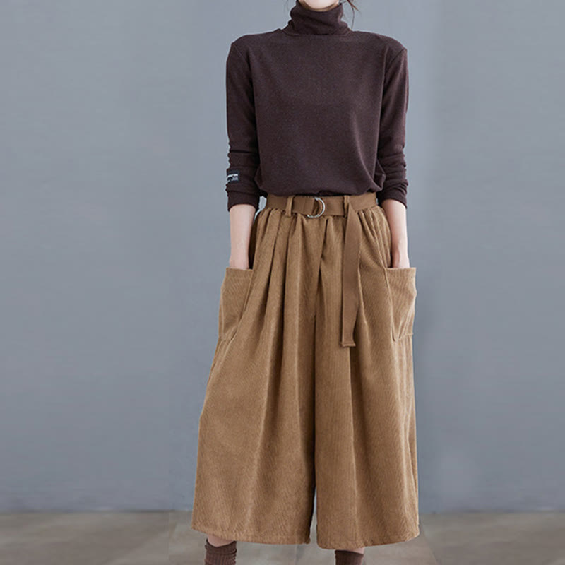 Damskie spodnie sztruksowe z szerokimi nogawkami i kieszeniami w stylu retro Buddha Stones o długości 7-8 - image 5