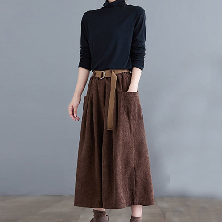 Damskie spodnie sztruksowe z szerokimi nogawkami i kieszeniami w stylu retro Buddha Stones o długości 7-8 - image 19