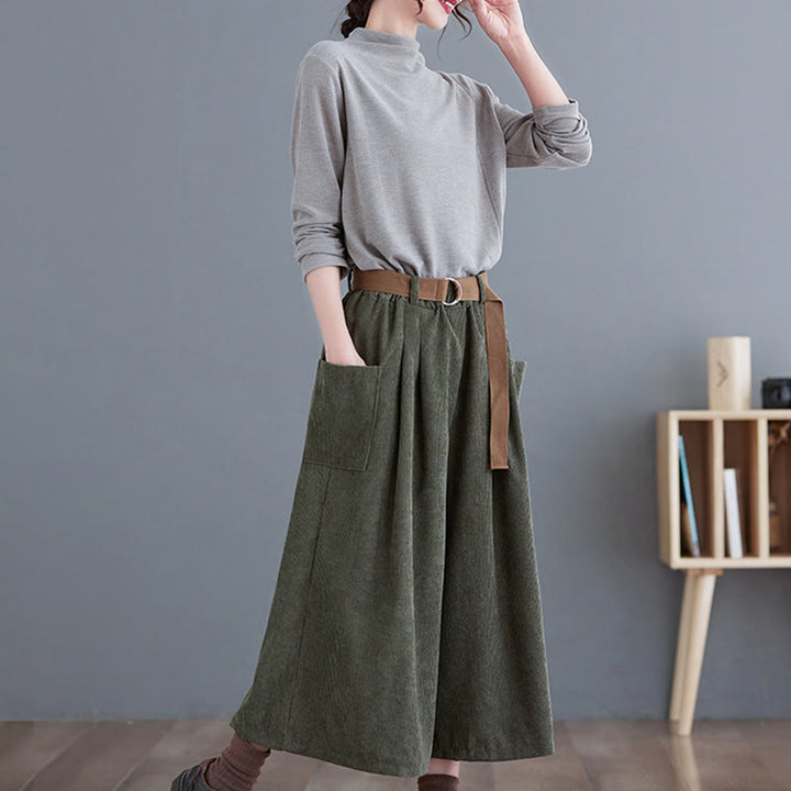 Damskie spodnie sztruksowe z szerokimi nogawkami i kieszeniami w stylu retro Buddha Stones o długości 7-8 - image 14