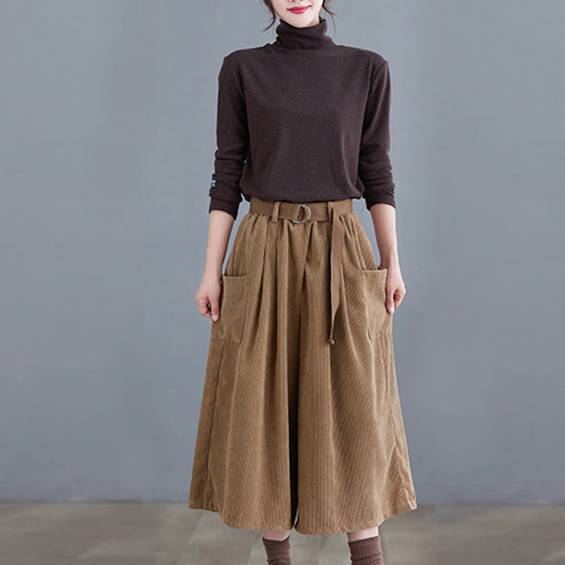 Damskie spodnie sztruksowe z szerokimi nogawkami i kieszeniami w stylu retro Buddha Stones o długości 7-8 - image 4