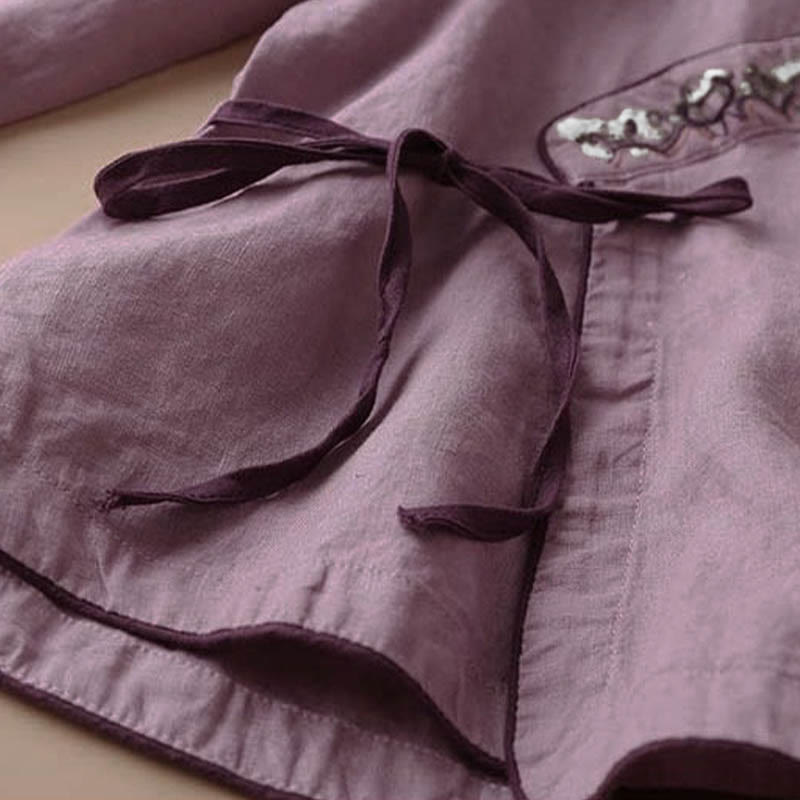 Koszula Buddha Stones z długim rękawem i haftowanymi kwiatami w stylu casual z kołnierzykiem ukośnym i paskiem w kształcie litery U - image 9