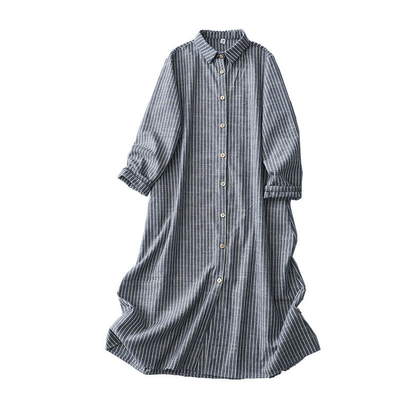 Sukienka midi z bawełny i lnu Buddha Stones LightSteelBlue w białe paski z długim rękawem i klapami, z kieszeniami - image 11