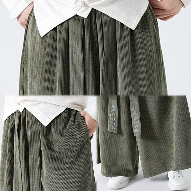 Męskie spodnie sztruksowe z szerokimi nogawkami i kieszeniami, haftowane, ze ściągaczem i Buddha Stones - image 11