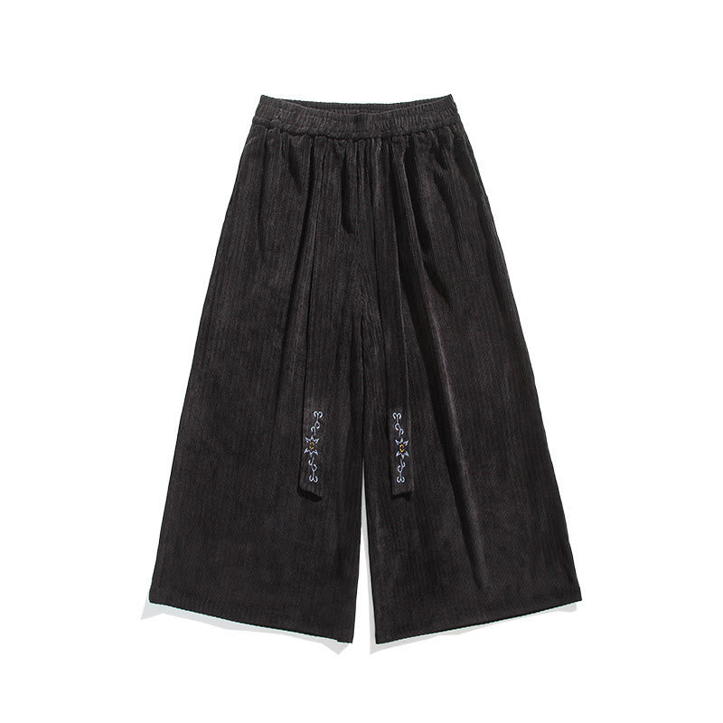 Męskie spodnie sztruksowe z szerokimi nogawkami i kieszeniami, haftowane, ze ściągaczem i Buddha Stones - image 21