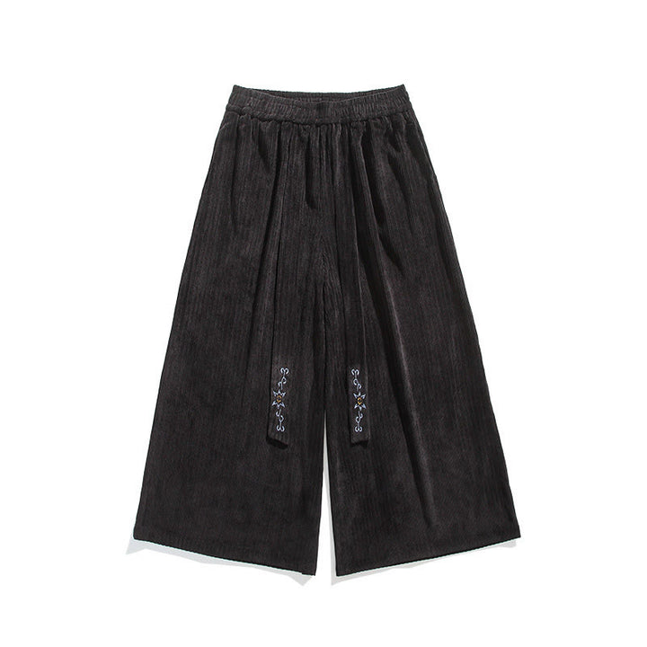 Męskie spodnie sztruksowe z szerokimi nogawkami i kieszeniami, haftowane, ze ściągaczem i Buddha Stones - image 21