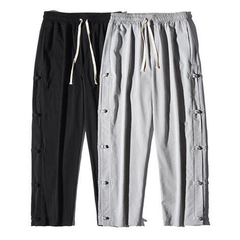 Spodnie męskie z szerokimi nogawkami i kieszeniami, w swobodnym stylu patchworkowym z motywem żurawia i żabich guzików z motywem Buddha Stones - image 30