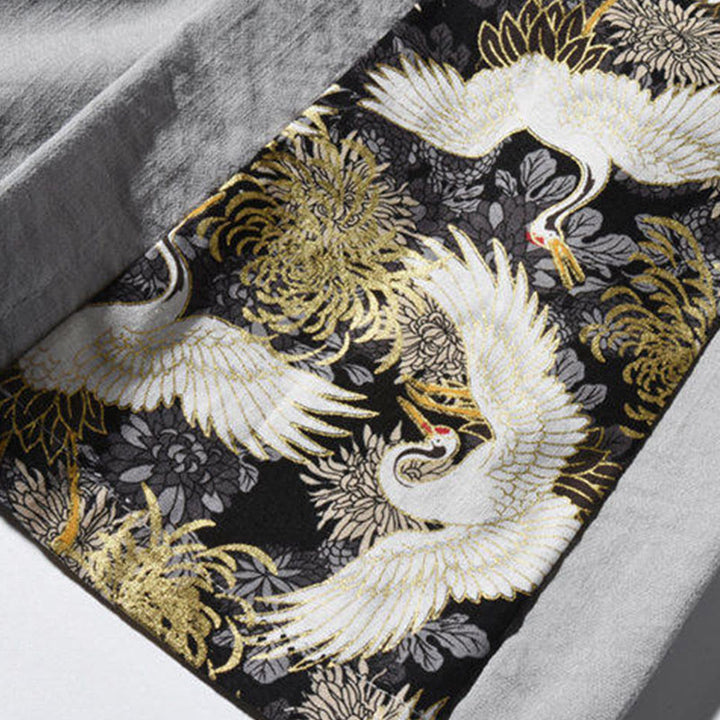 Spodnie męskie z szerokimi nogawkami i kieszeniami, w swobodnym stylu patchworkowym z motywem żurawia i żabich guzików z motywem Buddha Stones - image 27