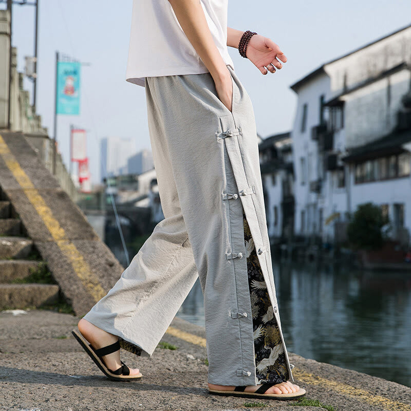 Spodnie męskie z szerokimi nogawkami i kieszeniami, w swobodnym stylu patchworkowym z motywem żurawia i żabich guzików z motywem Buddha Stones - Jasnoszary - US/UK/AU46， EU56 (5XL) - image 11