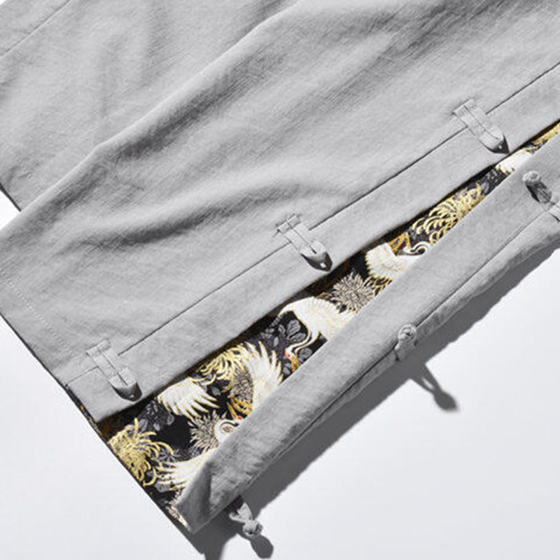 Spodnie męskie z szerokimi nogawkami i kieszeniami, w swobodnym stylu patchworkowym z motywem żurawia i żabich guzików z motywem Buddha Stones - image 28