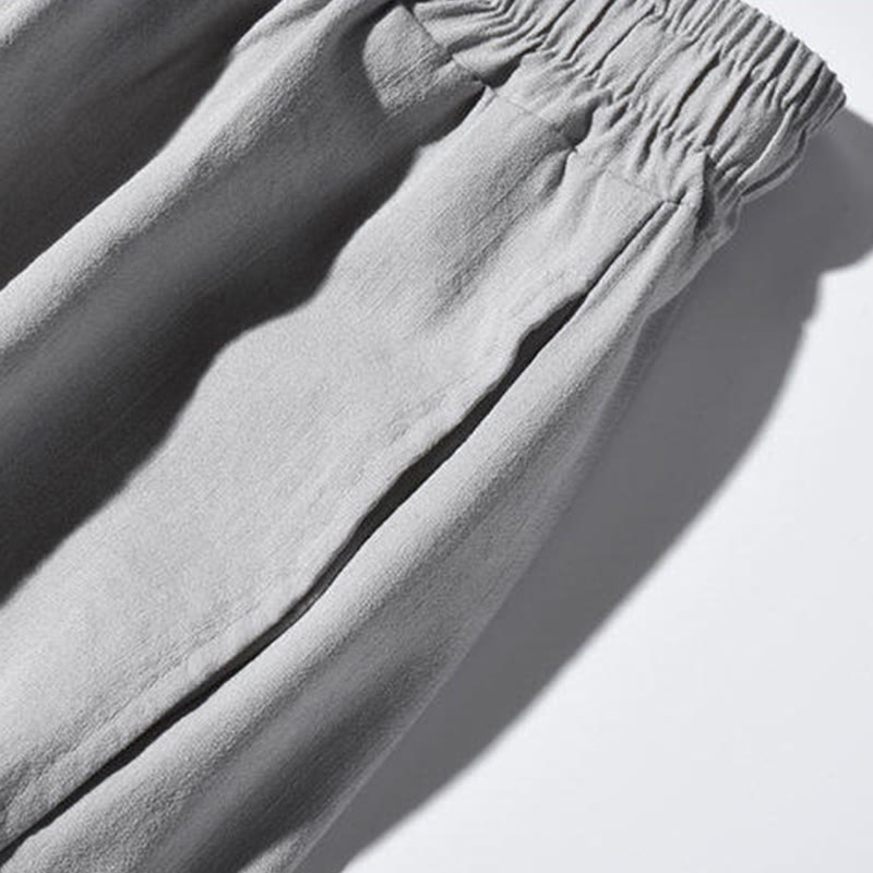 Spodnie męskie z szerokimi nogawkami i kieszeniami, w swobodnym stylu patchworkowym z motywem żurawia i żabich guzików z motywem Buddha Stones - image 23