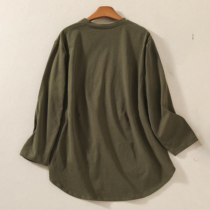 Koszulka damska z długim rękawem z bawełny i lnu Buddha Stones, swobodna, z nieregularnym brzegiem - image 2