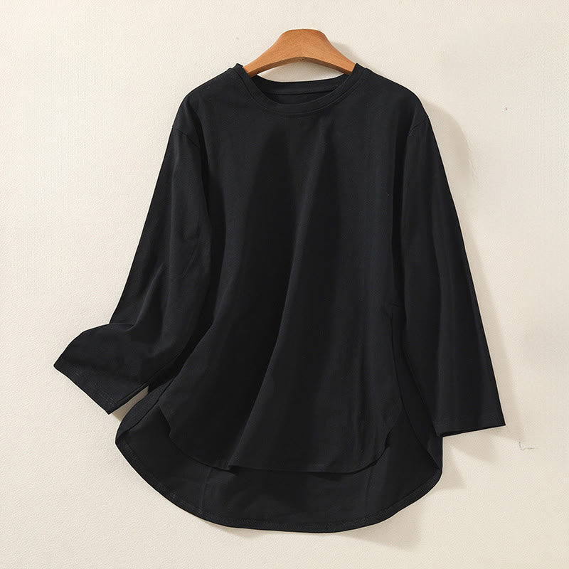 Koszulka damska z długim rękawem z bawełny i lnu Buddha Stones, swobodna, z nieregularnym brzegiem - Czarny - US14, UK/AU18, EU46 (2XL) - image 8