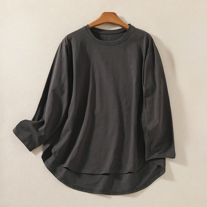 Koszulka damska z długim rękawem z bawełny i lnu Buddha Stones, swobodna, z nieregularnym brzegiem - DimGray - US14, UK/AU18, EU46 (2XL) - image 14