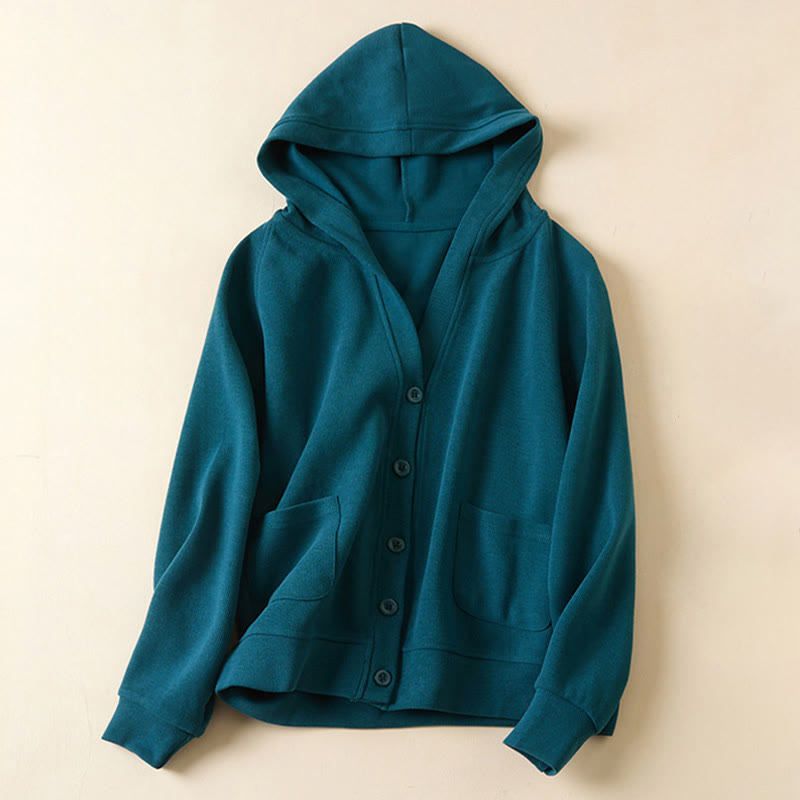 Kurtka damska z kapturem z bawełny Buddha Stones , z prostymi guzikami i kieszeniami - Stalowoniebieski - US12, UK/AU16, EU44 (2XL) - image 16