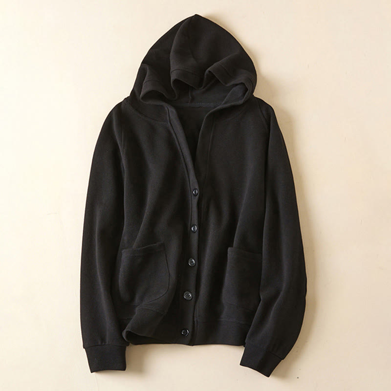 Kurtka damska z kapturem z bawełny Buddha Stones , z prostymi guzikami i kieszeniami - Czarny - US12, UK/AU16, EU44 (2XL) - image 25