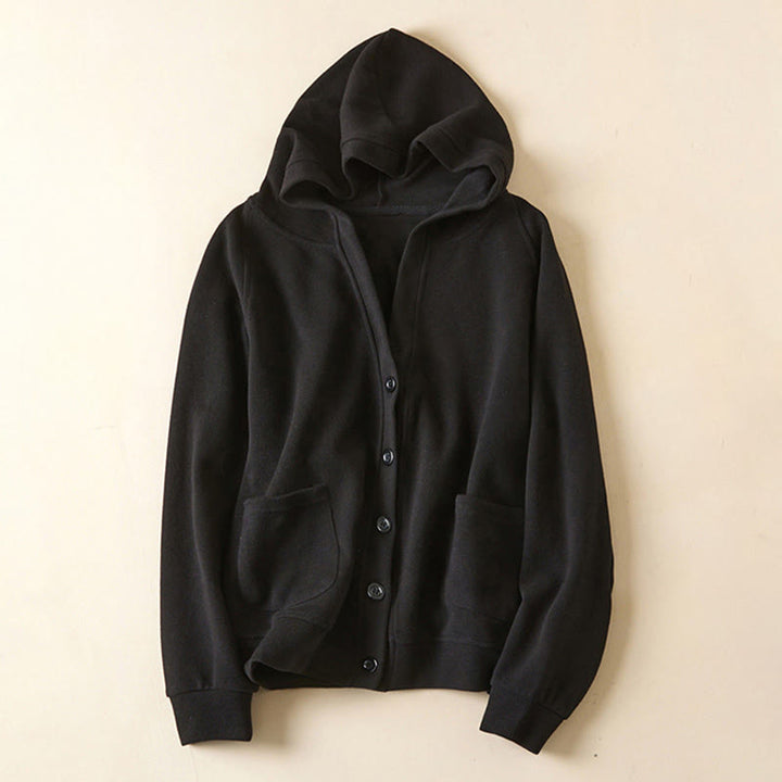 Kurtka damska z kapturem z bawełny Buddha Stones , z prostymi guzikami i kieszeniami - Czarny - US12, UK/AU16, EU44 (2XL) - image 25