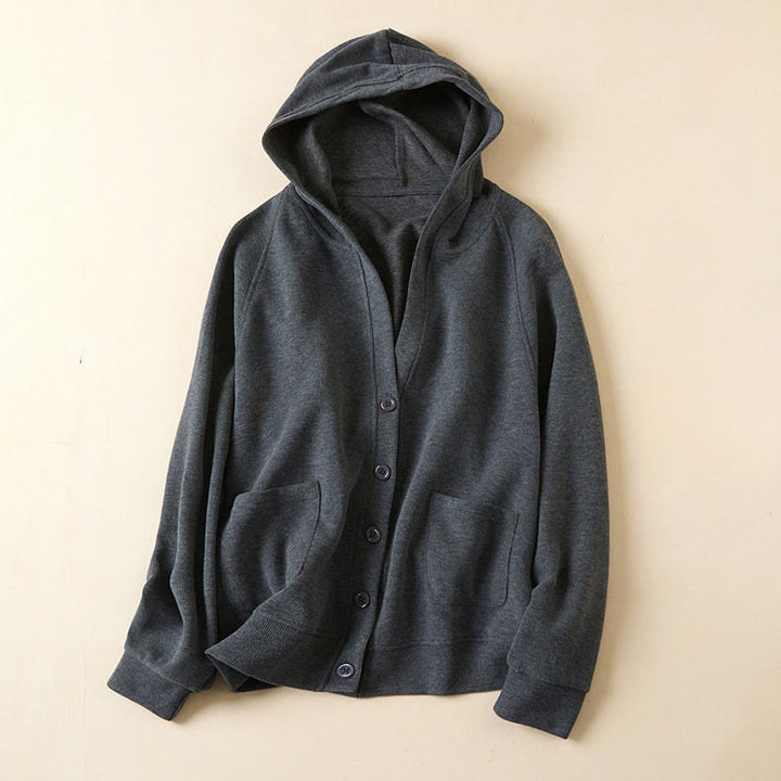 Kurtka damska z kapturem z bawełny Buddha Stones , z prostymi guzikami i kieszeniami - DimGray - US12, UK/AU16, EU44 (2XL) - image 1