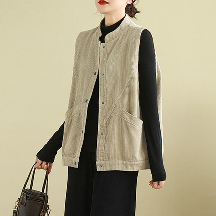 Buddha Stones, prosta, bezrękawnik damski z bawełny, sztruksowa kamizelka z kieszeniami - image 2