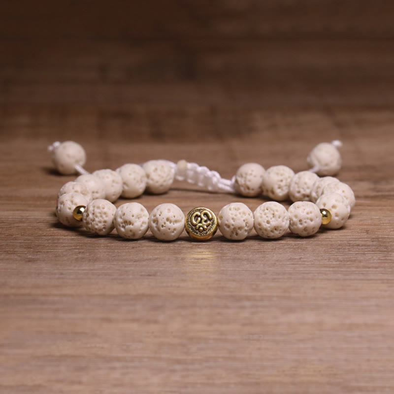 Bransoletka z Buddha Stones i symbolem Om, uzdrawiająca i uspokajająca - Biała skała lawowa (obwód nadgarstka: 15-21 cm) - image 1
