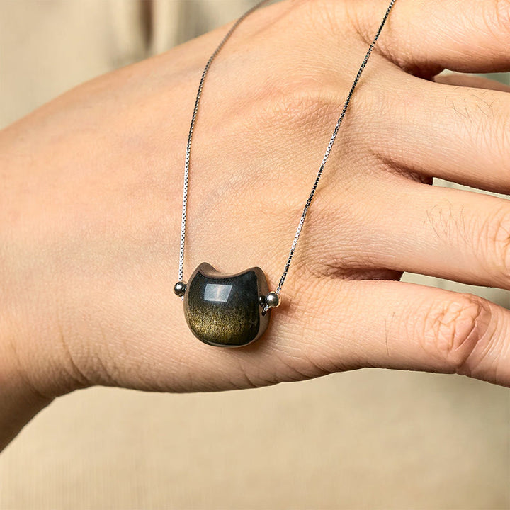 Buddha Stones, srebro próby 925, naturalny srebrny połysk, obsydian, złoty połysk, naszyjnik z kotem z obsydianu - image 6