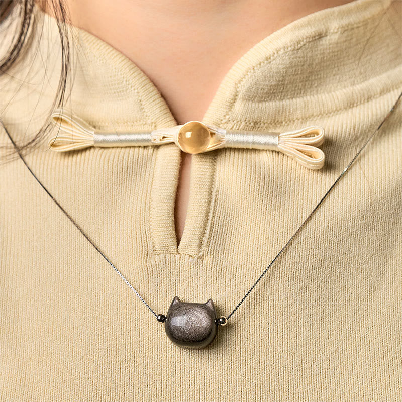 Buddha Stones, srebro próby 925, naturalny srebrny połysk, obsydian, złoty połysk, naszyjnik z kotem z obsydianu - image 1