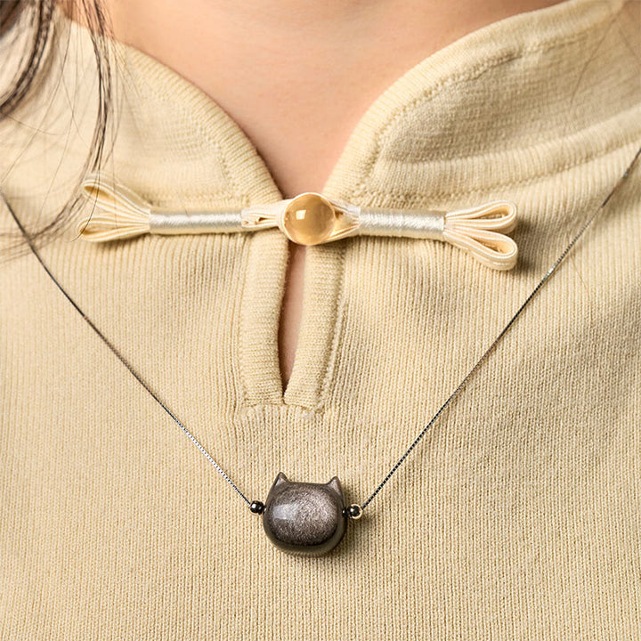 Buddha Stones, srebro próby 925, naturalny srebrny połysk, obsydian, złoty połysk, naszyjnik z kotem z obsydianu - image 1