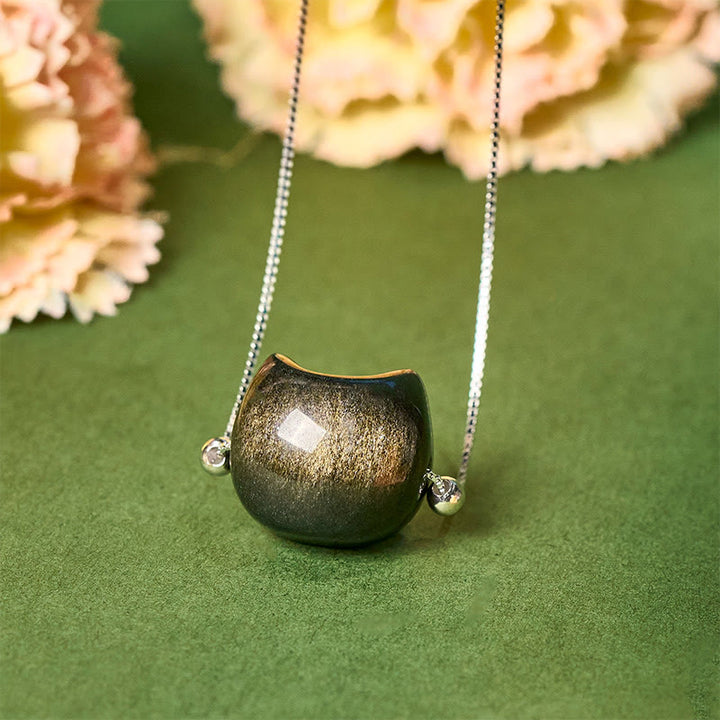 Buddha Stones, srebro próby 925, naturalny srebrny połysk, obsydian, złoty połysk, naszyjnik z kotem z obsydianu - Złoty połysk obsydianu - image 5