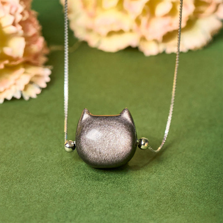 Buddha Stones, srebro próby 925, naturalny srebrny połysk, obsydian, złoty połysk, naszyjnik z kotem z obsydianu - Srebrny połysk obsydianu - image 0