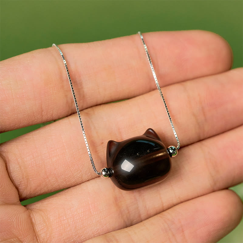 Bransoletka z Buddha Stones ze srebra próby 925 z naturalnym obsydianem lodowym i kotem - image 8