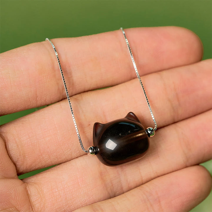 Bransoletka z Buddha Stones ze srebra próby 925 z naturalnym obsydianem lodowym i kotem - image 8