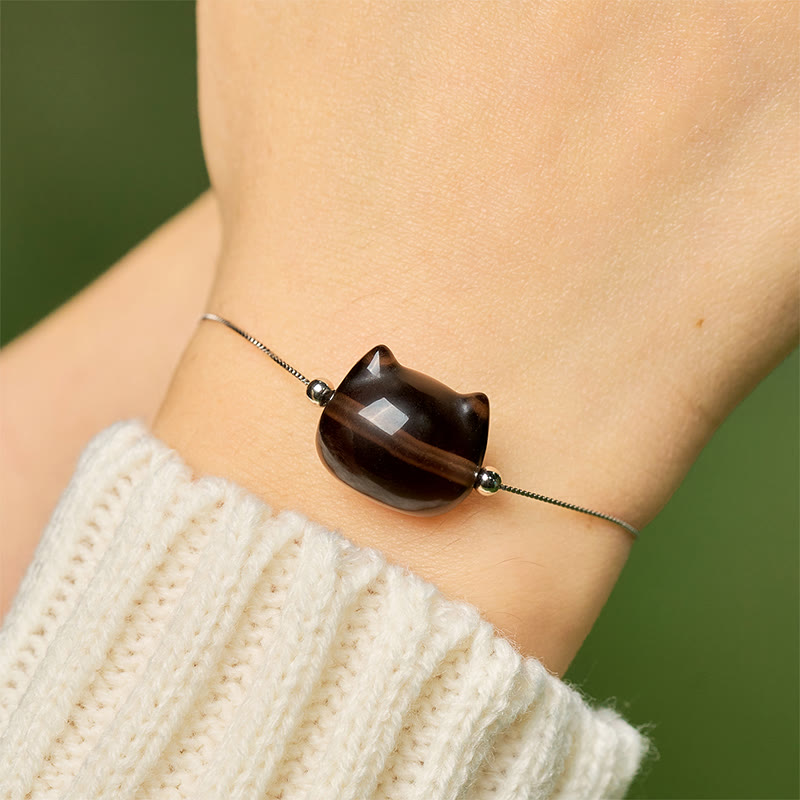 Bransoletka z Buddha Stones ze srebra próby 925 z naturalnym obsydianem lodowym i kotem - image 4